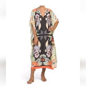 ZARA sz XS/S Kimono Kaftan V Neck Flowy Side Slits Multicolor Black Orange +